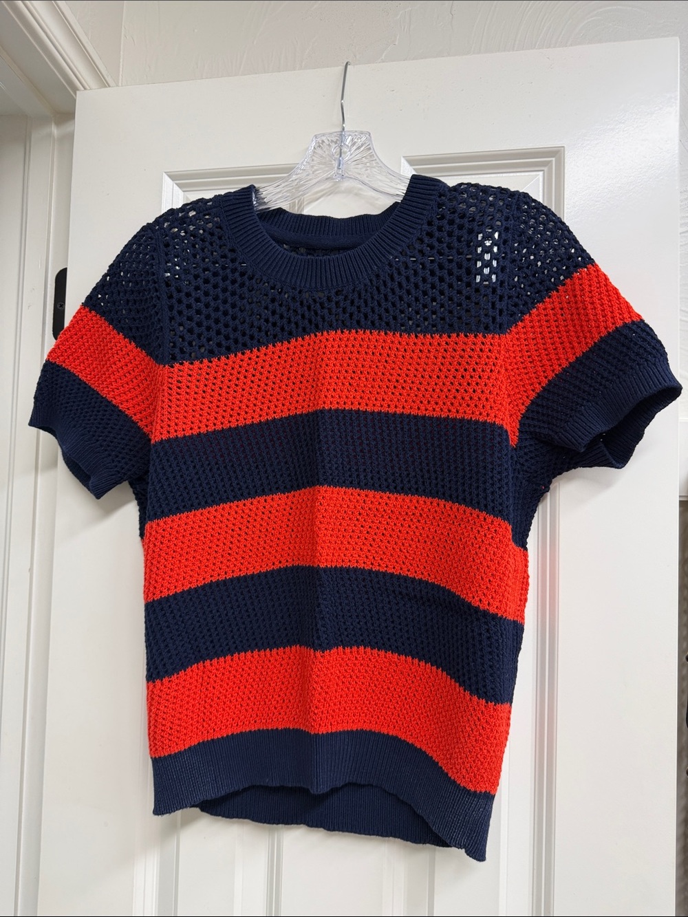 Maeve Navy and Red Open-Knit Short Sleeve Sweater